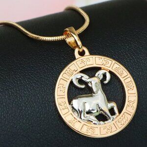 "Rose Gold Zodiac Pendant with Ram Motif and Symbolic Border, XPPT1445